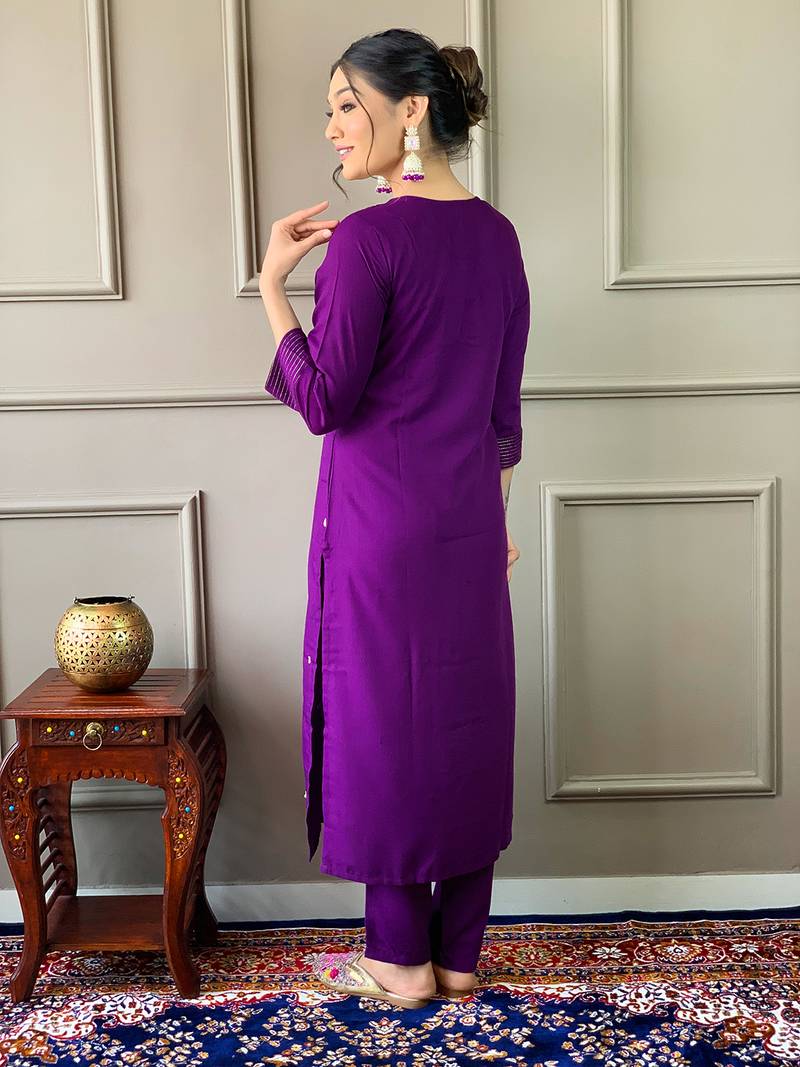 Violet Rayon Slub Fabric Embroidered work Straight cut Kurta, Pant and Dupatta Set