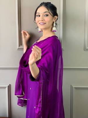 Violet Rayon Slub Embroidered work Straight cut Kurta Pant and Dupatta Set 3