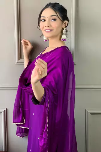 Violet Rayon Slub Embroidered work Straight cut Kurta Pant and Dupatta Set