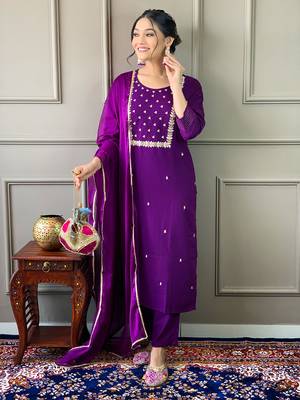 Violet Rayon Slub Embroidered work Straight cut Kurta Pant and Dupatta Set 4