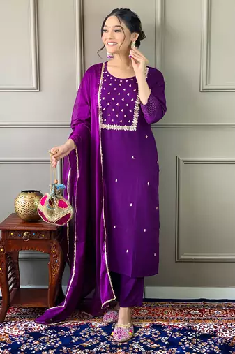 Violet Rayon Slub Embroidered work Straight cut Kurta Pant and Dupatta Set