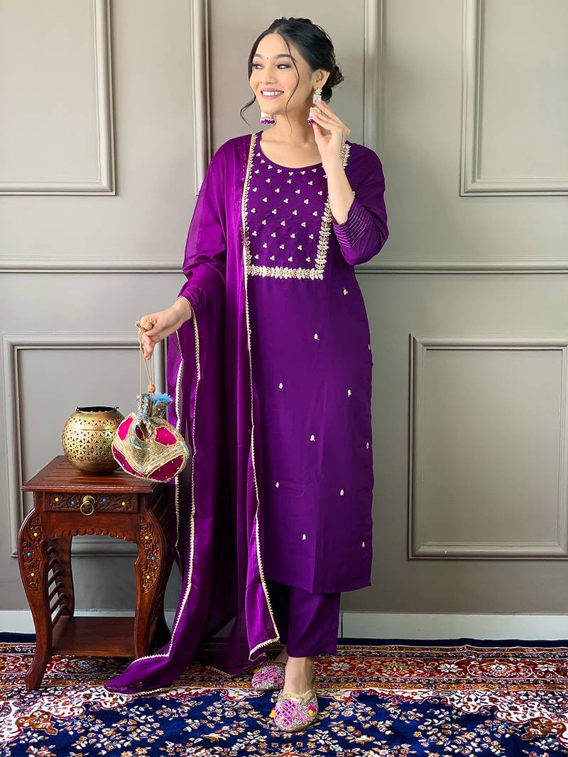 Violet Rayon Slub Fabric Embroidered work Straight cut Kurta, Pant and Dupatta Set