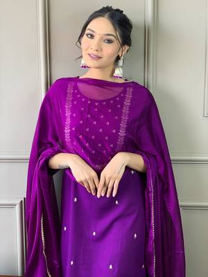 Violet Rayon Slub Embroidered work Straight cut Kurta Pant and Dupatta Set 5