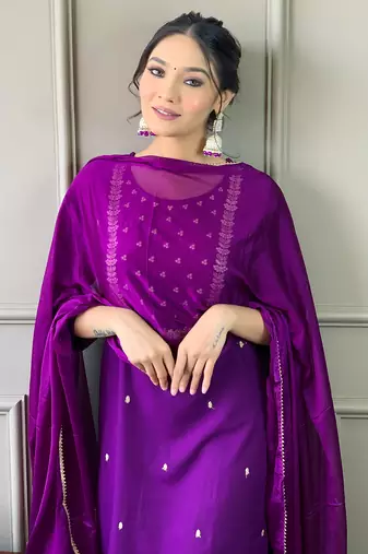 Violet Rayon Slub Embroidered work Straight cut Kurta Pant and Dupatta Set