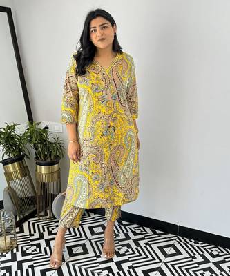 Yellow viscosee printed kurta set  1