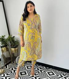 Yellow viscosee printed kurta set 
