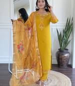Women's Roman Silk Embroidered Straight Kurta Pant and Dupatta Set