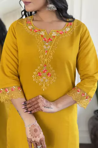 Women's Roman Silk Embroidered Straight Kurta Pant and Dupatta Set
