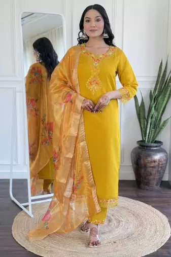 Women's Roman Silk Embroidered Straight Kurta Pant and Dupatta Set