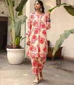 Red & beige cotton blend printed kurta set 