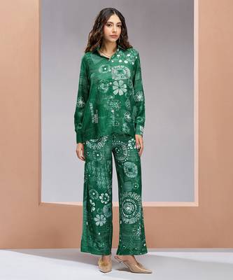Dark green muslin silk printed co-ord set 1