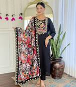Women's Viscose Chanderi Fabric Straight Kurta, Pant and Dupatta Set