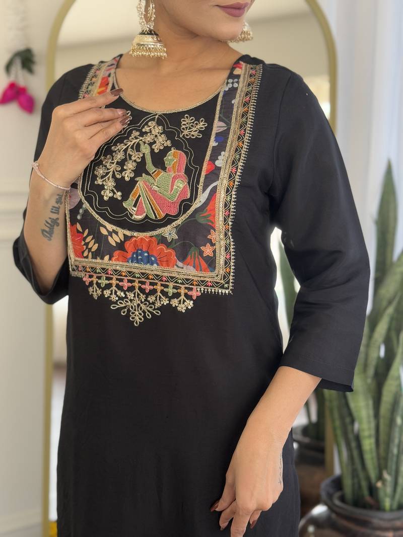 Women's Viscose Chanderi Fabric Straight Kurta, Pant and Dupatta Set