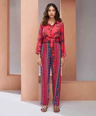 Coral pink muslin silk printed co-ord set 1