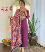 Women's Viscose Chanderi Straight Kurta, Pant and Dupatta Set