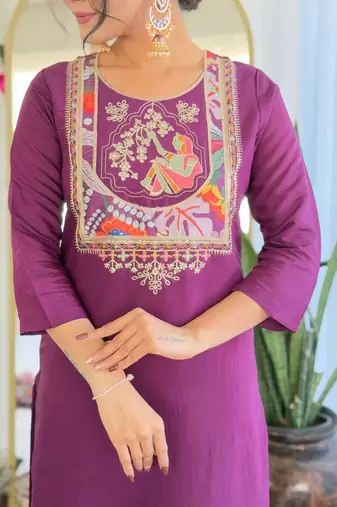 Women's Viscose Chanderi Straight Kurta Pant and Dupatta Set