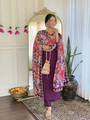 Women's Viscose Chanderi Straight Kurta Pant and Dupatta Set 5