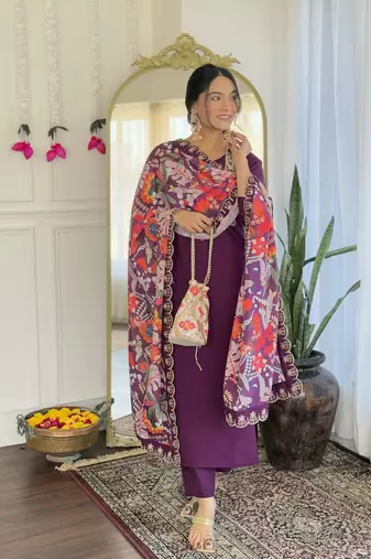 Women's Viscose Chanderi Straight Kurta Pant and Dupatta Set
