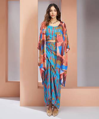 Aqua blue muslin art silk skirt set 1