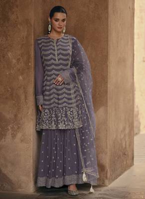 Dark grey chinon silk embroidered sharara suit Full Stitched - Free Size 1