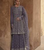 Dark grey chinon silk embroidered sharara suit Full Stitched - Free Size