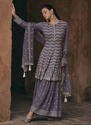 Dark grey chinon silk embroidered sharara suit Full Stitched - Free Size 2
