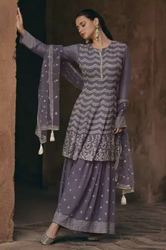 Dark grey chinon silk embroidered sharara suit Full Stitched - Free Size
