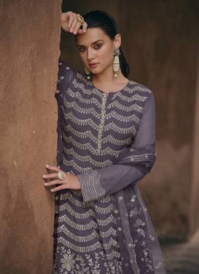 Dark grey chinon silk embroidered sharara suit Full Stitched - Free Size 3