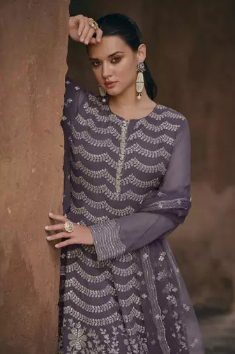 Dark grey chinon silk embroidered sharara suit Full Stitched - Free Size