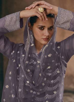 Dark grey chinon silk embroidered sharara suit Full Stitched - Free Size 4