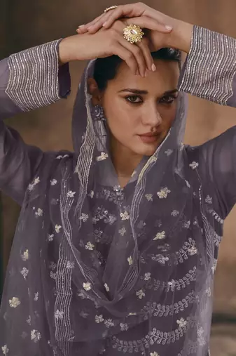 Dark grey chinon silk embroidered sharara suit Full Stitched - Free Size