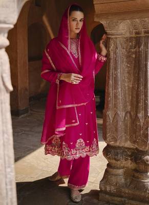 Pink chinon silk embroidered salwar suit Full Stitched- Free Size 1