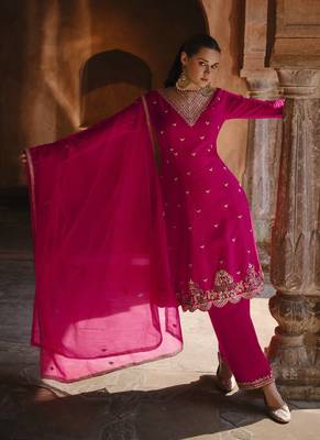 Pink chinon silk embroidered salwar suit Full Stitched- Free Size 2