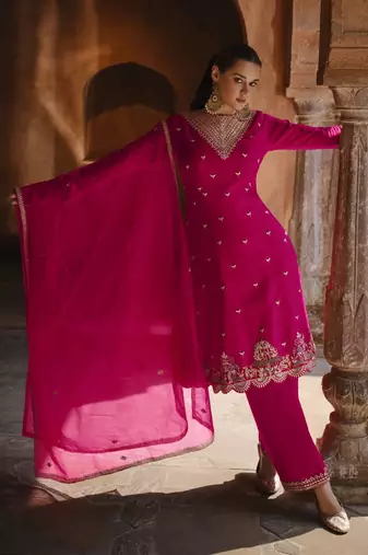 Pink chinon silk embroidered salwar suit Full Stitched- Free Size