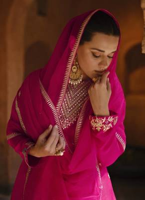 Pink chinon silk embroidered salwar suit Full Stitched- Free Size 3