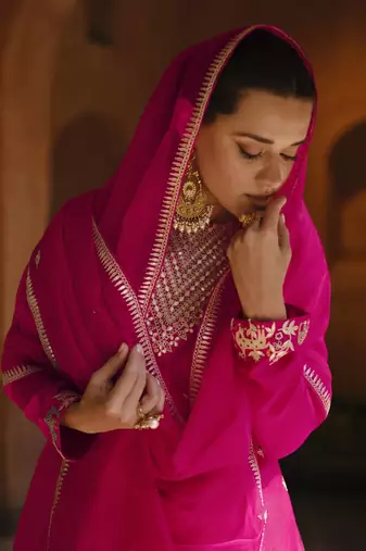 Pink chinon silk embroidered salwar suit Full Stitched- Free Size