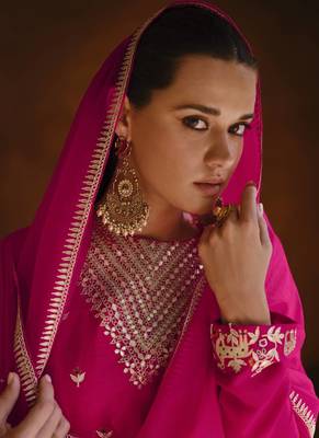 Pink chinon silk embroidered salwar suit Full Stitched- Free Size 4