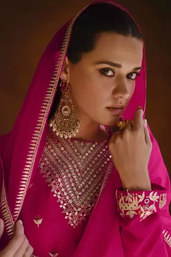 Pink chinon silk embroidered salwar suit Full Stitched- Free Size