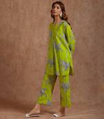 lemon green cotton blend printed kurta set