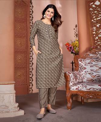 Brown printed silk kurti set 1