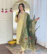Yellow Women's Viscose Chanderi Straight Kurta Pant and Dupatta Set