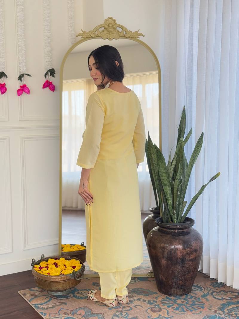 Yellow Women's Viscose Chanderi Fabric Straight Kurta, Pant and Dupatta Set