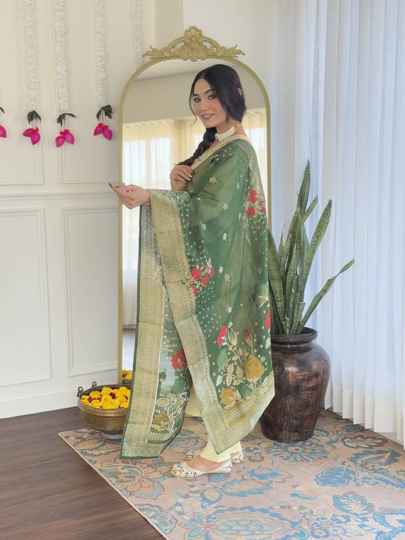 Yellow Women's Viscose Chanderi Fabric Straight Kurta, Pant and Dupatta Set