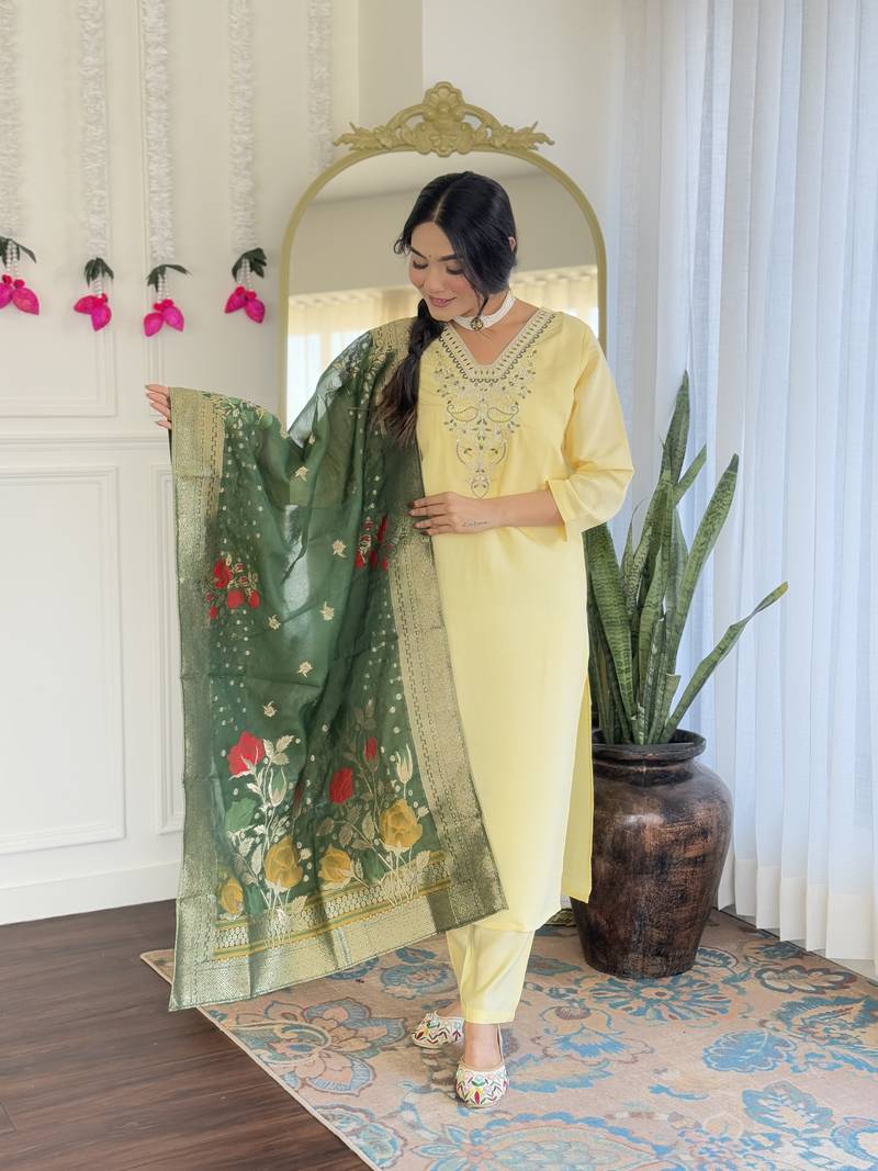 Yellow Women's Viscose Chanderi Fabric Straight Kurta, Pant and Dupatta Set