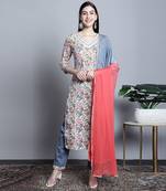 women's pure cotton jaipuri printed & embroidered kurta & pant with dupatta