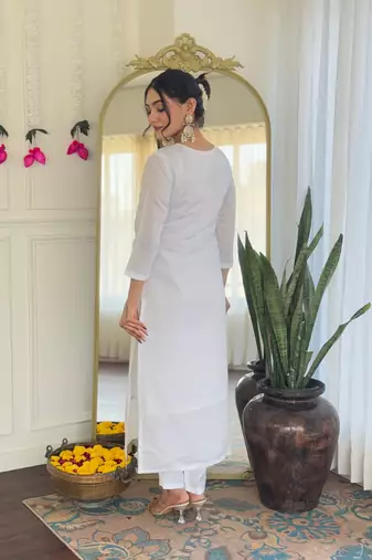 White Women's Viscose Chanderi Straight Kurta Pant and Dupatta Set