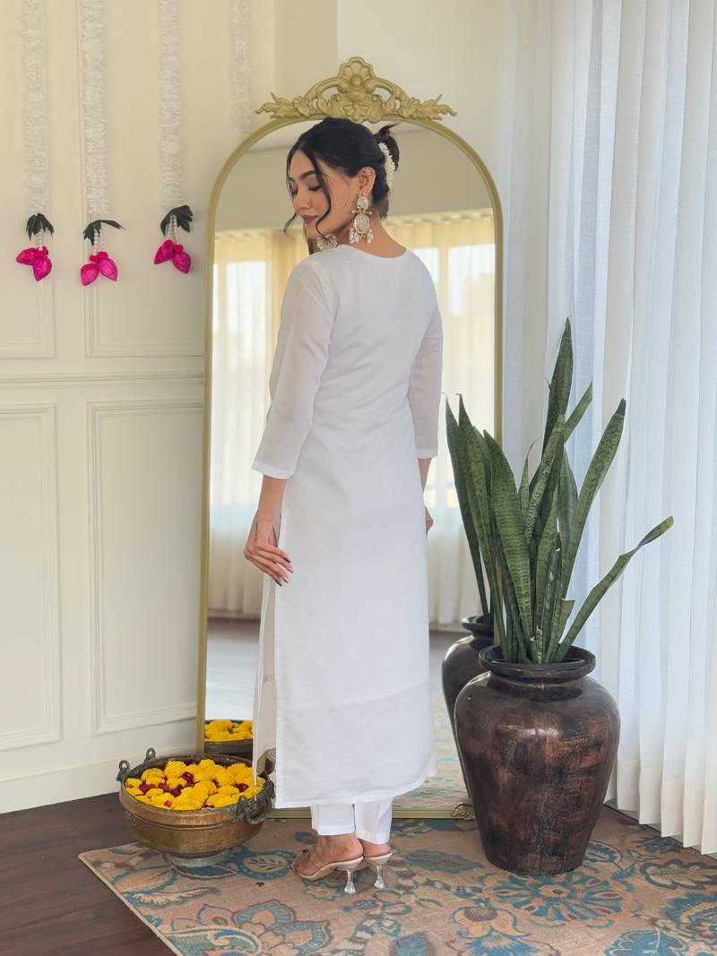 White Women's Viscose Chanderi Fabric Straight Kurta, Pant and Dupatta Set