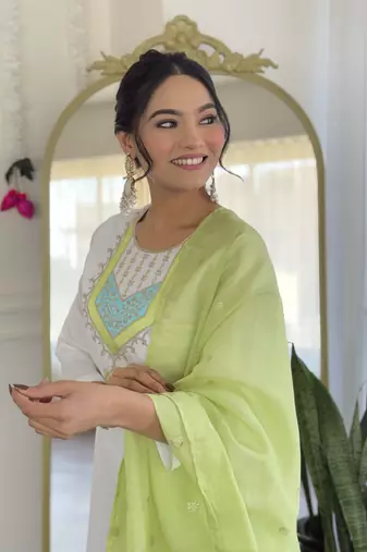 White Women's Viscose Chanderi Straight Kurta Pant and Dupatta Set