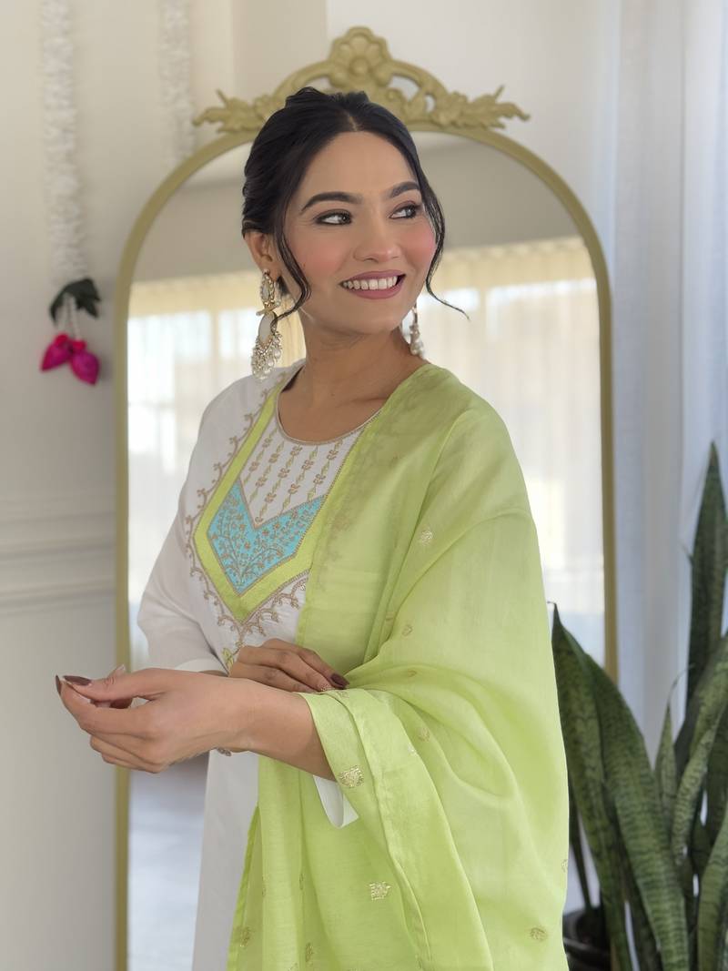 White Women's Viscose Chanderi Fabric Straight Kurta, Pant and Dupatta Set