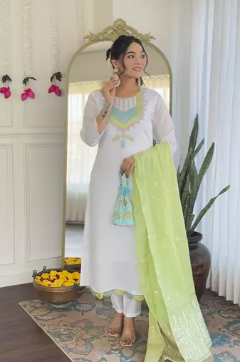 White Women's Viscose Chanderi Straight Kurta Pant and Dupatta Set